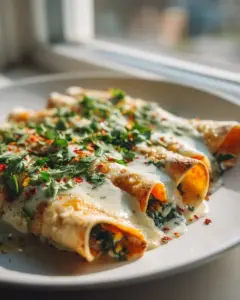 Süßkartoffel und Spinat Enchiladas mit Cashew-Creme