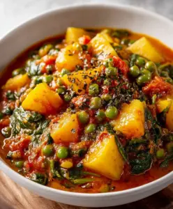 Veganes Kartoffelcurry mit Spinat und Erbsen