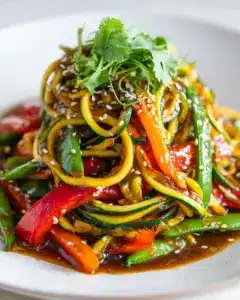 Zucchini-Nudel-Pfanne mit Knoblauch-Sojasauce