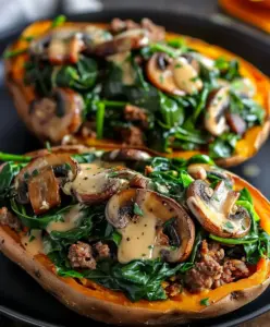 Gefüllte Süßkartoffeln mit Rinderhack, Champignons & Spinat