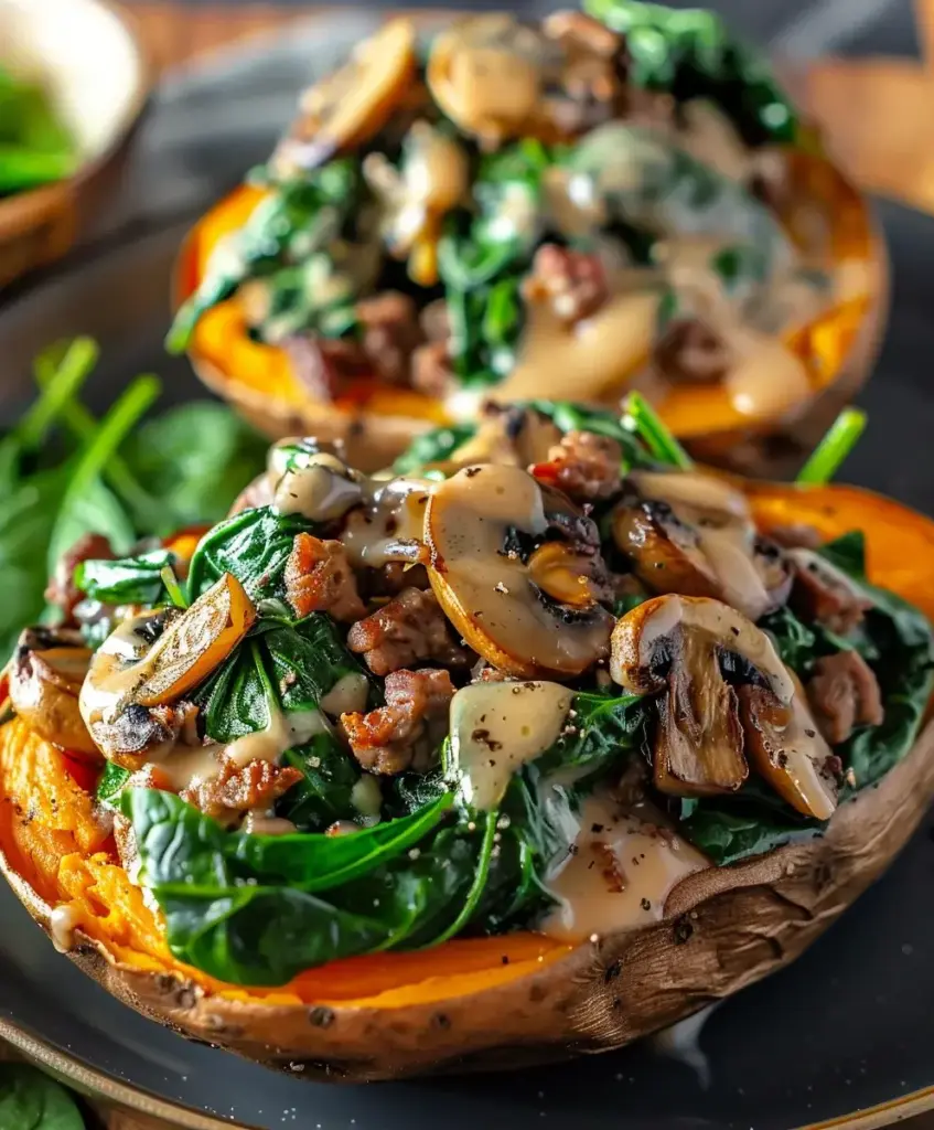 gefüllte süßkartoffeln rinderhack champignons spinat rezept