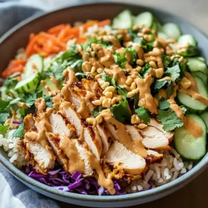 Hähnchen Crispy Reis Salat mit cremigem Erdnussdressing