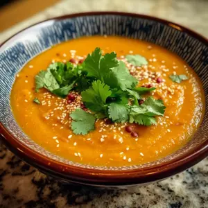 Herzhafte Sesam-Karotten-Suppe mit roten Linsen