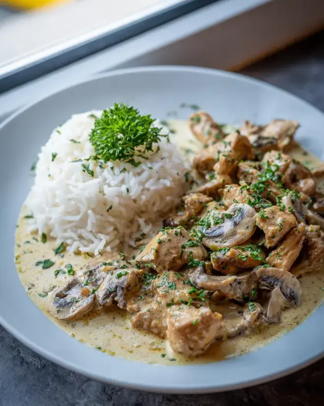 Gyrosgeschnetzeltes Schmandsoße Reis Rezept