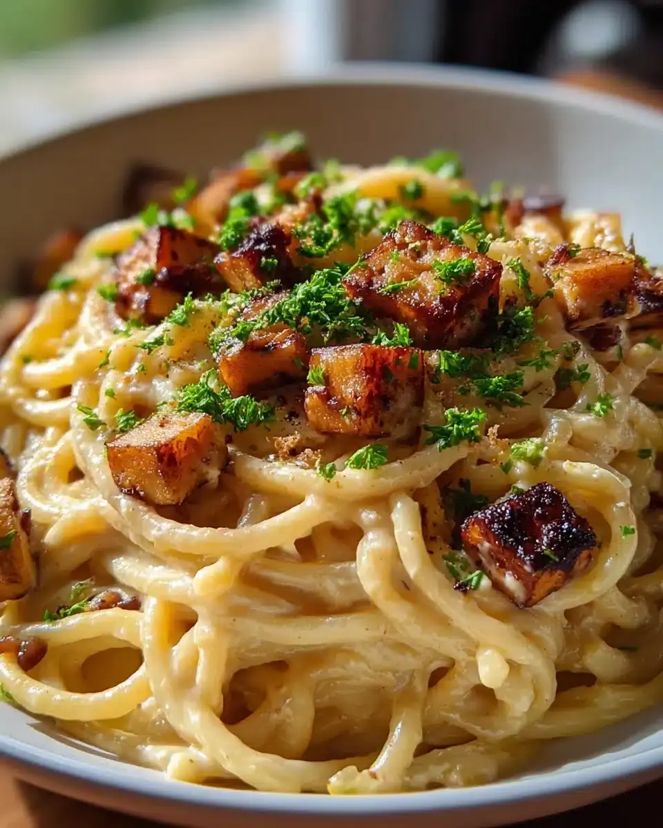 Geraeucherte Tofu Carbonara - Vegane Genussversion 2 Rauchiger Tofu vegane Carbonara
